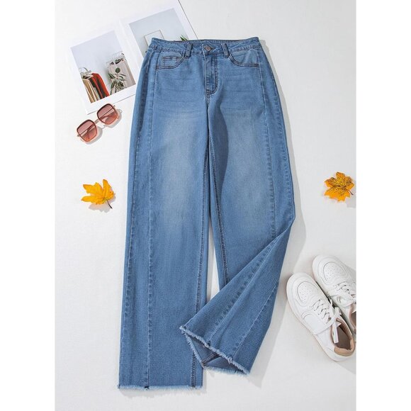 Women's Wide Leg High Waisted Denim Jeans Raw Hem Plus Size Blue - Picture 5 of 8